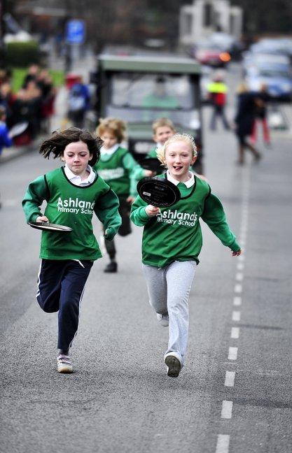 Pupils from various schools from around the IIkley area took part in a Pancake Day Race on The Grove in Ilkley, Pictured are pupils from Ashlands Primary School.