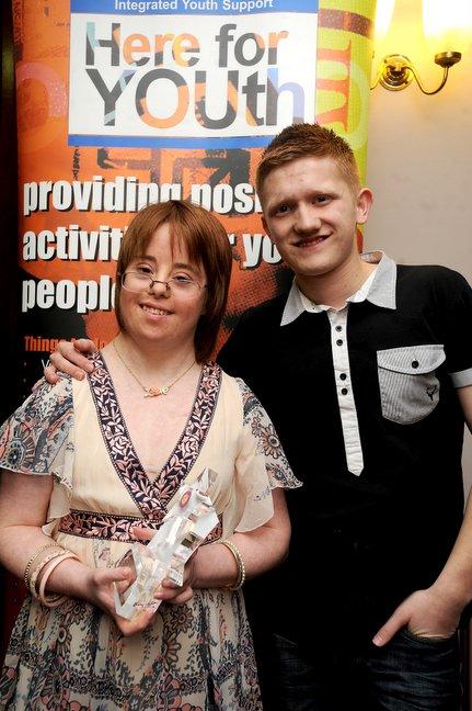Natalie Sargent winner of the Stay Safe 11-25 Years Award, with Sam Ashton, alias Chesney, from Coronation Street.