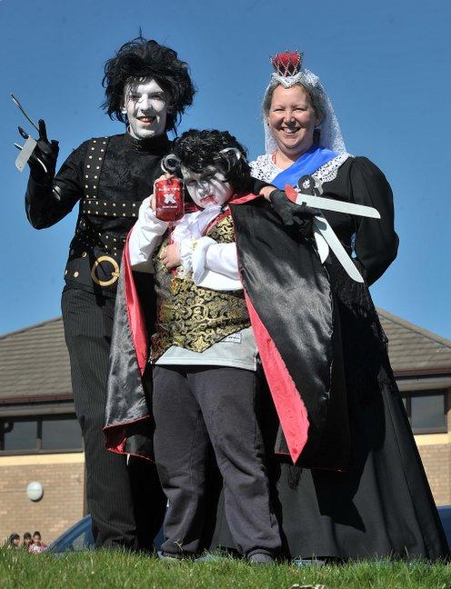 Laisterdyke Business and Enterprise College Comic Relief day with staff and students dressing up fun.  Pictured  Deighton Waterhouse as Edward Scissor Hands, Jan McIntosh as Queen Victoria and Sam Dempsey as Dracula.