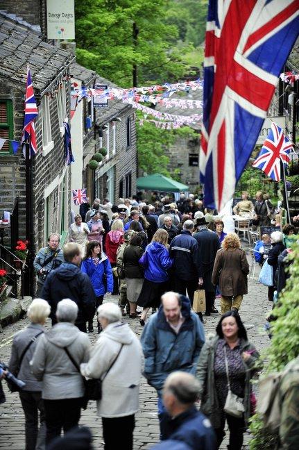 Crowds throng Main Street in Haworth.