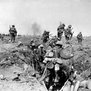 Troops of the British XIV Corps, possibly 5th Division, advancing near Ginchy, during the Battle of Morval, part of the Somme Offensive..