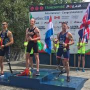 Stuart Meikle, right, on the podium after winning silver at the ITU Paratriathlon World Cup held in Magog, Canada. He lines up alongside Andrew Barbieri, of Brazil, who won bronze and gold medallist Maurits Morsink, of the Netherlands