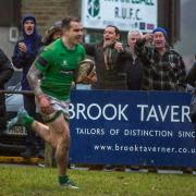 Wharfedale president John Spencer, left, watches Oli Cicognini cruise in for a try. Picture: Ro Burridge