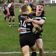 Otley v Caldy: Owen Dudman scores and is congratulated by Max Johnson
Picture: Richard Leach