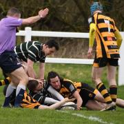 Max Kennedy (on ground, green) scored Old Grovians' first try, but they lost their lead late on in the match against Yarnbury. Picture: Richard Leach.