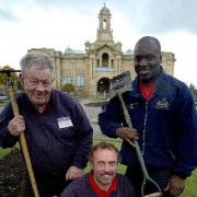 Staff at Lister Park, about to plant spring flowers. From left William Lenaghan, Chris Russell and Alfred Skinner