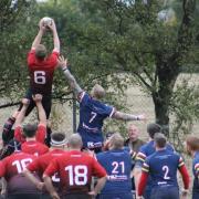 Skipton (red) challenge a line out against Hemsworth . Pic: Georgie Elizabeth Green