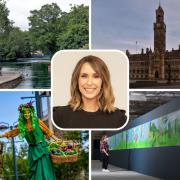 Photo of The One Show's Alex Jones, credit: BBC/Steve Schofield, centre. Other photos show Lister Park, City Hall, Shipley Art Festival and large artwork by David Hockney on show at Salts Mill.