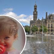 Baby Star Hobson, pictured inset, against a backdrop of Bradford's City Hall. Picture: Newsquest, UGC