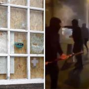 Damage to the windows of the Second West pub in Bradford, left, and a screenshot of footage showing yobs throwing fireworks towards the venue on bonfire night
