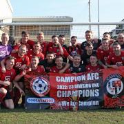 Campion's players and staff celebrate winning the NCEL Division One title after the full-time whistle blew on their thrilling victory over Retford.