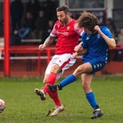 Tom Greaves (red) scored a brace in Thackley's 3-2 win on Saturday. Photo: Martin Taylor