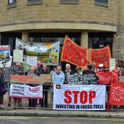 Climate change protest at West Yorkshire Pension Fund’s offices in Aldermanbury House, Bradford