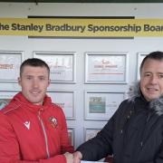 Adrian Benson (right) hands Joe Mitchell the man of the match award after Thackley's 2-0 win over Albion Sports last weekend.