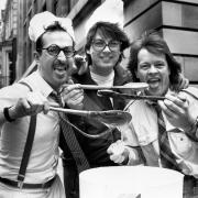 Steve Wright with Radio 1 DJs Mike Read and Bruno Brooks in 1988. Pic: PA