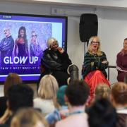 Bradford College students meet the Glow Up team - Series 5 Ultimate Make-up Artist Sarah Agbiji, judge Val Garland and producer Leah Caffrey. Pics: BBC
