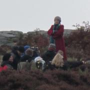 Drew Barrymore with the film crew on Ilkley Moor