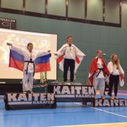 Emelye O'Brien on top of the podium at the European Karate Championships in Copenhagen, Denmark