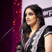 Bradford schoolgirl Harleen Kaur, who won the NatWest Asian Women of Achievement Award in the sport category, makes her acceptance speech at the glitzy bash at London's Hilton on Park Lane Hotel