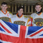 Bradford Bulldogs' ice hockey Great Britain under-16 squad members. From left: Defender Jordan Griffin, netminder Harrison Walker and forward Jacob Lutwyche