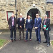 Pictured at the auction mart are, from left, Anthony Hewetson, chairman of CCM Auctions; Jeremy Eaton, the auction mart general manager; farming minister George Eustice; MP Julian Smith and Robert Bellfield, principal of Craven College