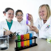 Airedale Chemical laboratory technician Madeleine Lofthouse with Sutton Community Primary School pupils