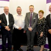 From left, Diana Greenwood of Visit Bradford, Dave West of Little Germany Action, city centre manager Jonny Noble, Broadway manager Ian Ward, Sandy Needham of the West and North Yorkshire Chamber of Commerce and Trevor Higgins of Bradford Breakthrough