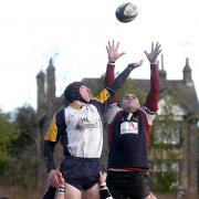 Aireborough's Jonathan Mackey (right) and West Leeds' Daniel Bird compete for this line-out