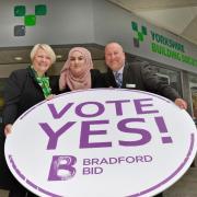 Alison Alexis, branch manager; Nafeesa Tufail, apprentice, Director of our Branch Network/Director of Retail Distribution, Gary Fowler, at YBS Howard House Branch, Bank Street, Bradford