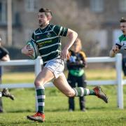 Anthony Griffin (ball in hand) scored Old Grovians' only try in their narrow win over North Ribblesdale. Picture: Andy Garbutt.