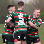 West Bowling v Barrow Island: Danny Halmshaw is congratulated after scoring a try for Bowling  Picture: Richard Leach