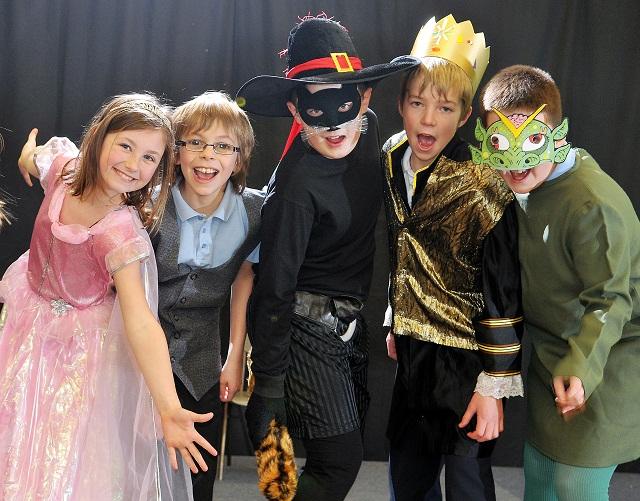 Puss In Boots stars Ella Naylor, nine, Thomas Mitchell, nine, Thomas Kerins 11, Ben King 11, Joshua Cresswell-Kellett, ten, from Worthinghead Primary School, Wyke