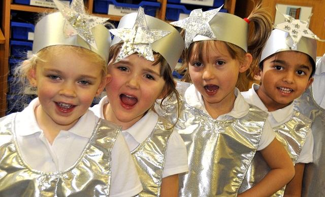 Denholme Primary School pupils (from left) Maddison Green, four, Isabel Clay, four, Lara Phelan, five, Prince Xavier Shiaz, four, star in Shine Star Shine