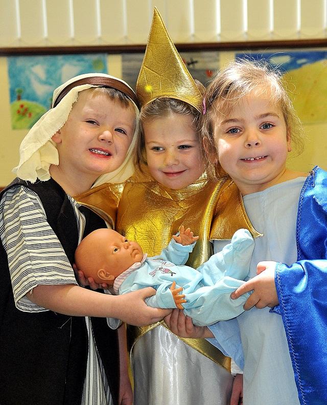 Thorpe Primary School, Idle, reception class nativity stars Ethan Jaques, four, Edie Scarlett, four, and Immalia Zito, five