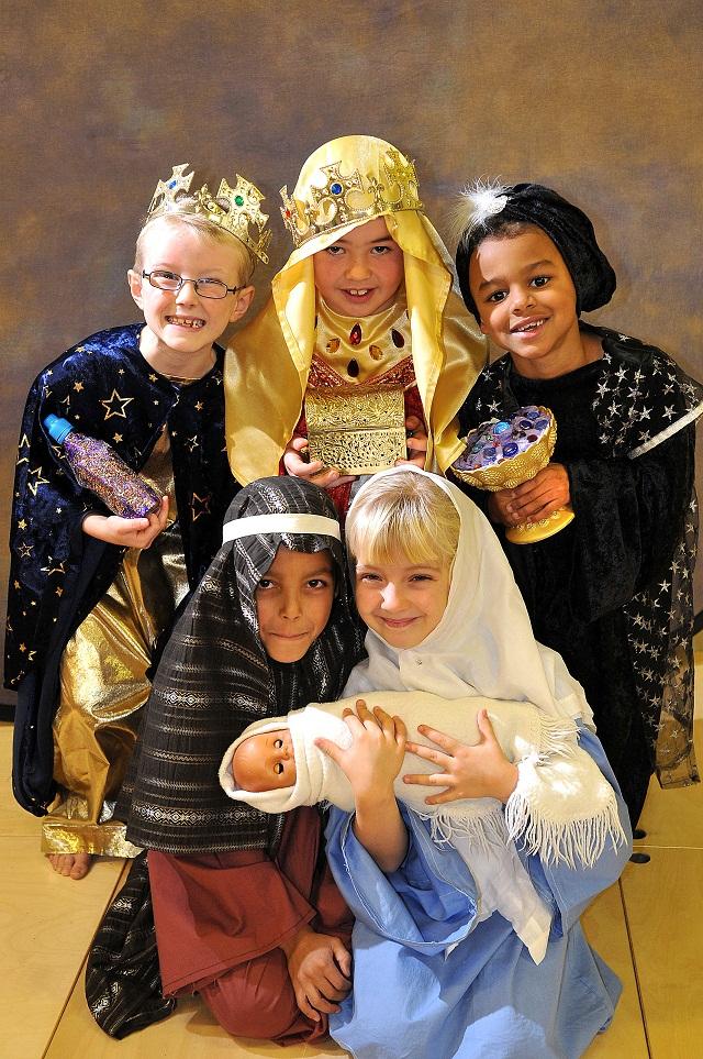 The Three Kings, Harvey Page, seven, Jay Buchan, six, Summerby Boyce, seven, with Mary Ablgail Blackburn, six, and Joseph Jacob Hudson, seven, in Rock The Baby at Low Ash Primary School, Wrose  