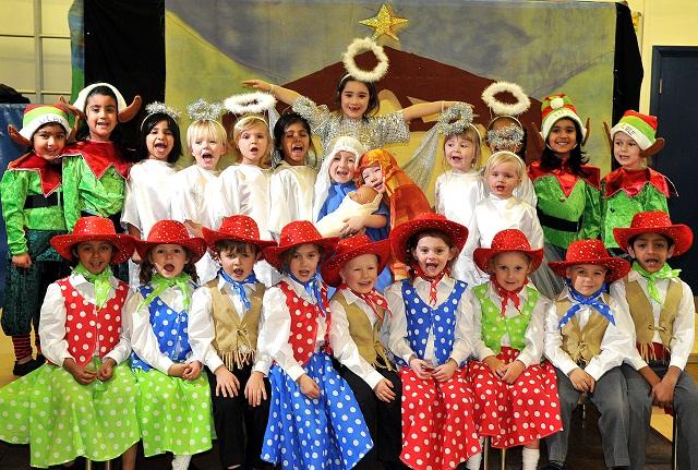 The sparkling cast of elves, cowboys and angels in Clayton Primary School’s Prickly Hay