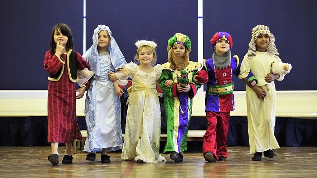 Holybrook Primary School, Greengates pupils (from left) Kadie Lawford, Jennifer Lawrinson, Kelsie-Mae Drake, Ruby Lawford, Harry Backhouse and Shabaaz Ali dress up for the occasion as they prepare for their Nativity performance for their parents