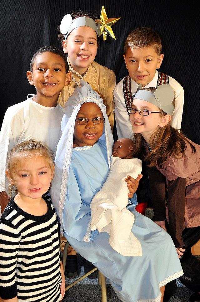 St Matthew’s Catholic Primary School, Allerton, youngsters Zoe Justen as Mary with (from left) Lily-May Brado, Reuben Lopata-White, Charlotte Smith, Krysztof Zalewski and  Bernadette Stocks, star in It’s A Baby