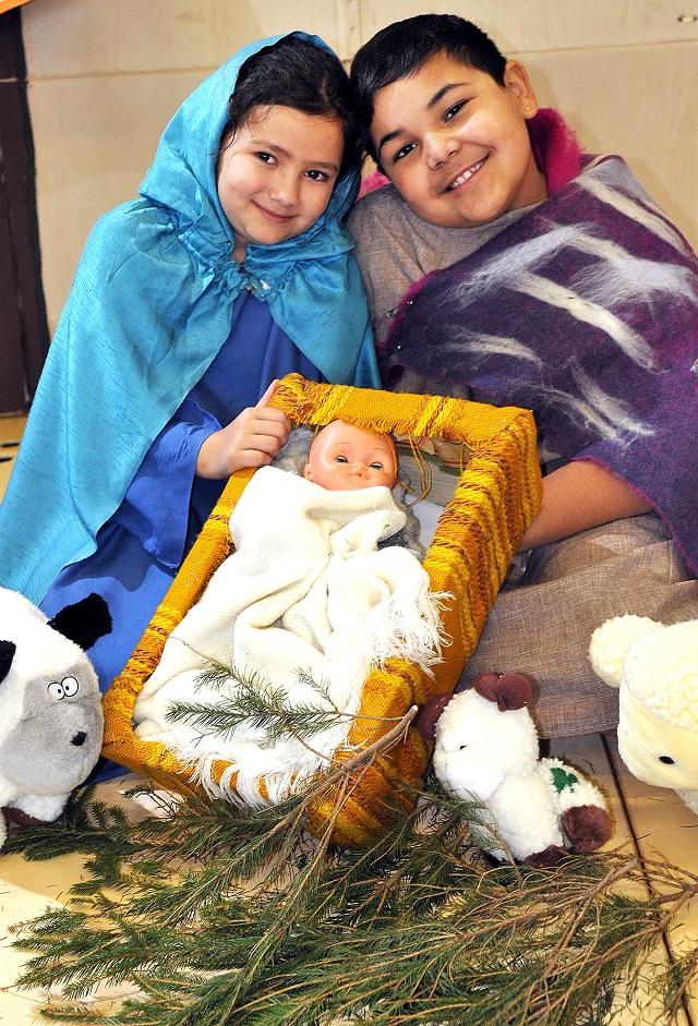 Monika Dzudzova and Erik Grundza, eight, as Mary and Joseph in It’s A Baby at Springwood Community Primary, Manningham