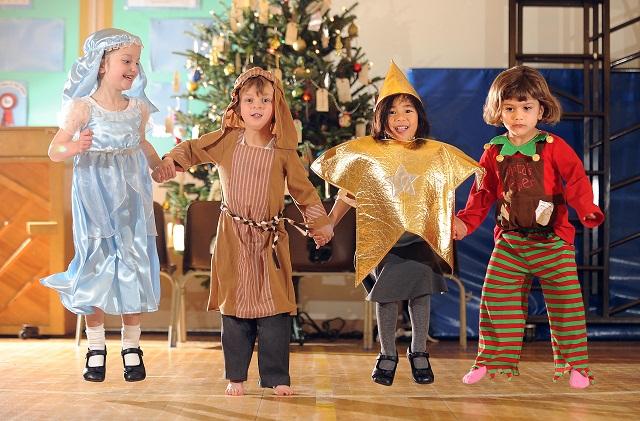 St Walburga’s Primary School in Shipley held two Nativity performances. Martha Harold, Thomas Edwards Francine Canto and Mia Thaper in costume are jumping for joy