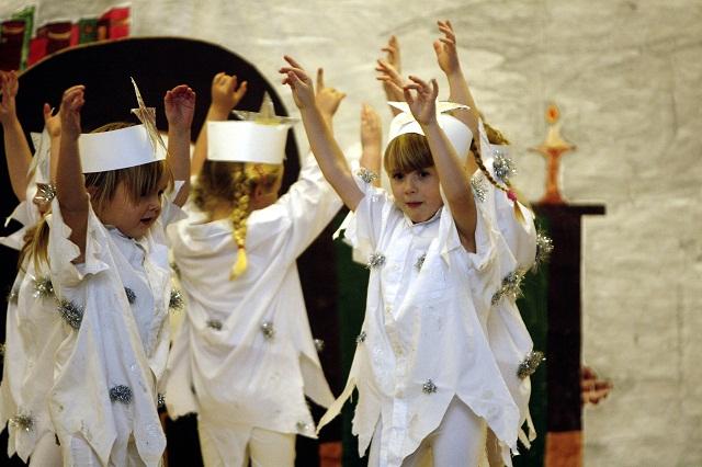 Pupils dance during a performancer of Nessfield Primary School’s Scrooge: A Ghost Of A Chance.