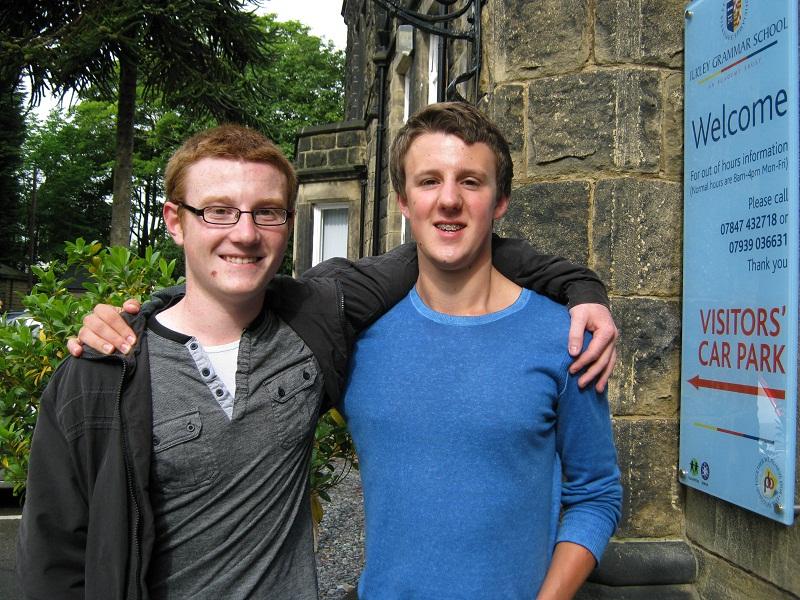 Josh Spence (left) and Alex Hall (right) celebrate high A-level grades at Ilkley Grammar School. Alex achieved an A* and three A grades, and Josh gained an A* and two A grades, and plans to study maths at Newcastle