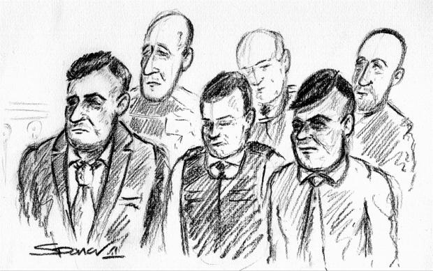 A court sketch showing Bilal Hussain &#40;front row, left) and Shazad Rehman &#40;front row, right)
