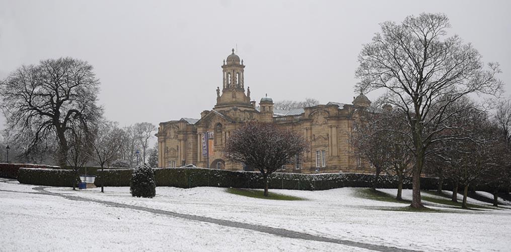 Cartwright Hall in a snowy Lister Park, Bradford