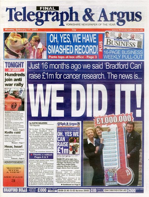 The front page announcing the success of the last T&A cancer appeal in 2003