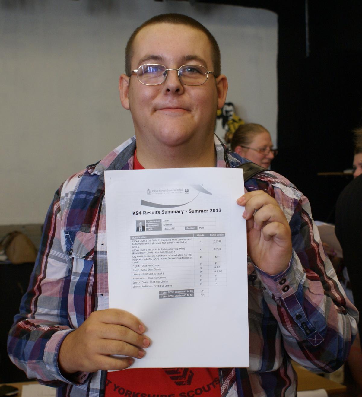 Adam Smithson with his results at Prince Henry's Grammar School, Otley