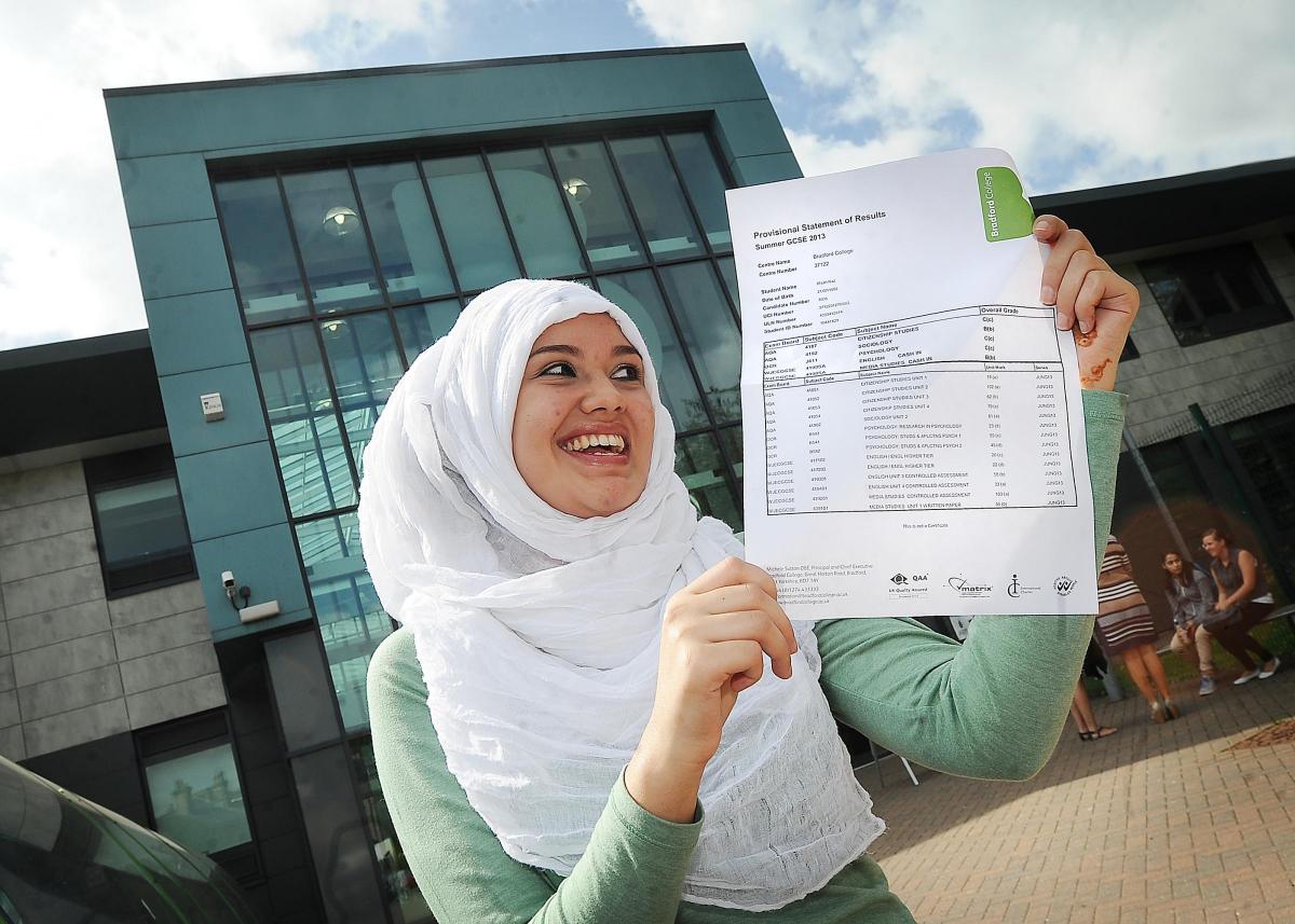 Afsah Naz with her GCSE results at Bradford College