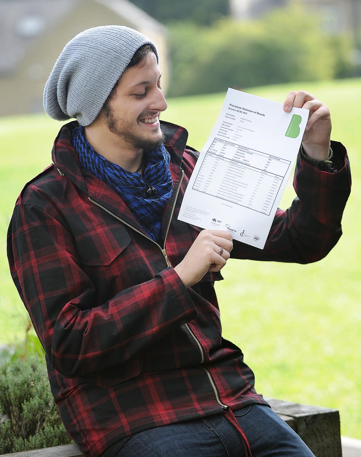 Joshua Rajwadi with his GCSE results at Bradford College