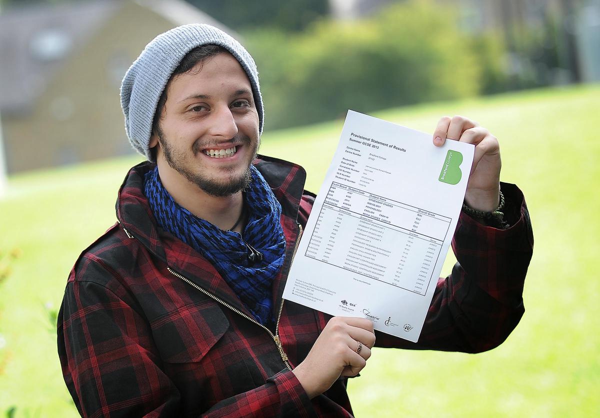 Joshua Rajwadi with his GCSE results at Bradford College