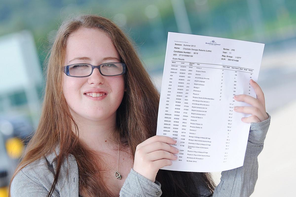Lottie Roberts with her GCSE results at Beckfoot Grammar School